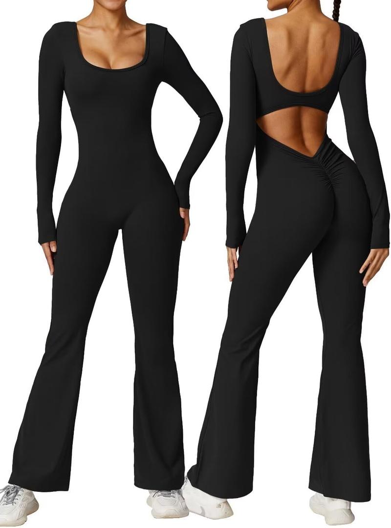 Vertvie Women Flare Jumpsuits Long Sleeve Sexy Backless Padded Bodycon Rompers Scrunch Butt V Back Playsuit Workout Bodysuit(Black, X-Small)