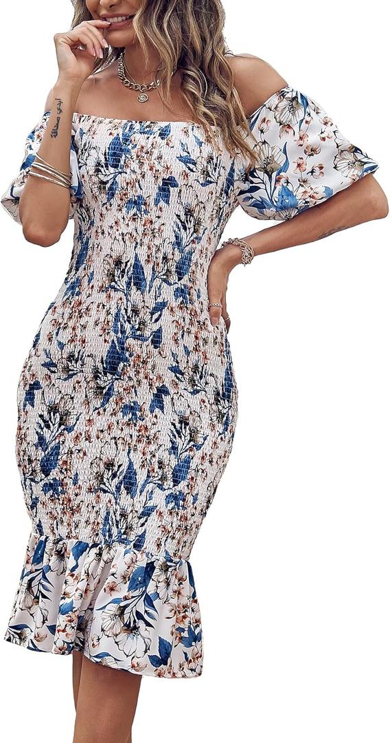 PRETTYGARDEN Bodycon Midi Dresses 2025 Summer Floral Puff Sleeve Mermaid Cocktail Baby Shower Photoshoot Maternity Dress (XX-Large, Floral White Blue)