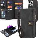 TwoHead Designed for iPhone 14 Pro Wallet Case with Card Holder Detachable Magnetic Phone Case PU Leather Wallet Phone Case Case Wallet for Women/Men with Wrist Strap(Black)