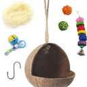 Natural Coconut Bird Nest,Hanging Coco Birds House Habitats Decor,Parrots Coconut Shell Nest Hideout with Grinding Beak Toys,Bird Cage Accessories Coconut for Canary Lovebird Cockatiel