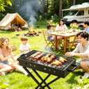 Black Portable Outdoor Charcoal Grill, Foldable Camping Grill, Stainless Steel Grill, Ideal for Backyard Parties and Outdoor Cooking (23.6 11.8 26.3 in)