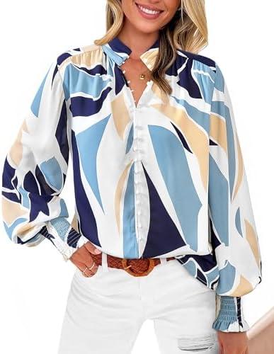 BTFBM Fall Fashion 2024 Button Down Long Sleeve Blouses for Women Dressy Casual V Neck Loose Printed Boho Tops Shirts(Blue White, Small)