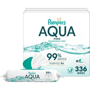 Pampers Aqua Pure Baby Wipes, 99% Water, Fragrance Free, 336 Baby Wipes Total (6X Flip-Top Packs)