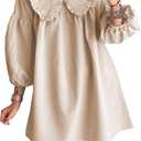 2026 Women's Baby doll 3/4 Puff Sleeve Plaid Mini Dress Lapel Doll Collar Loose Y2k Dress (Khaki, XS)