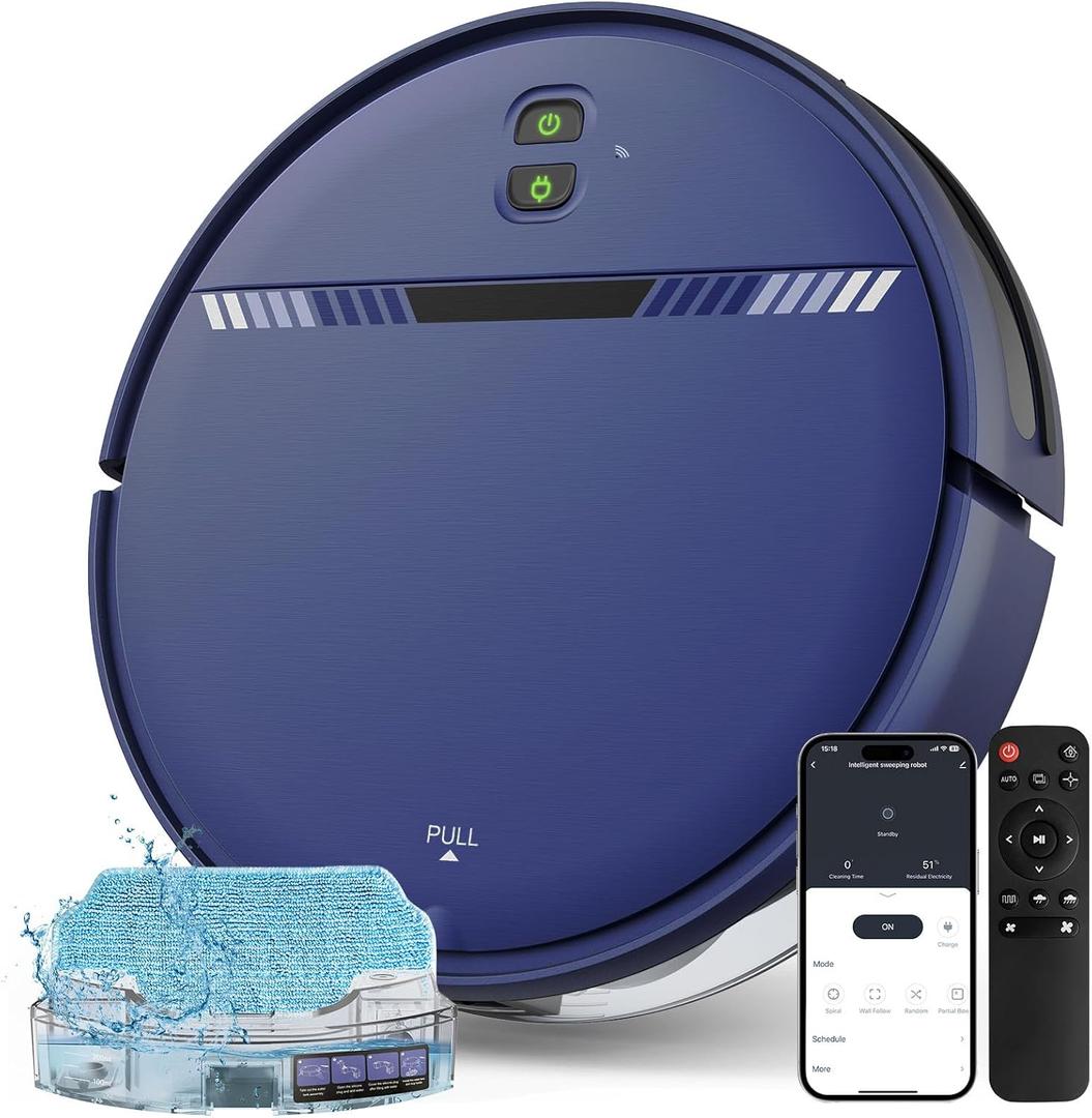 Robot Vacuum and Mop Combo, Automatic Vacuum and Mop 2 in 1 Robot Cleaner with Schedule, WiFi/App/Voice, Water Tank and Dustbin, Self-Charging, Slim, Ideal for Pet Hair, Hard Floor, Carpet