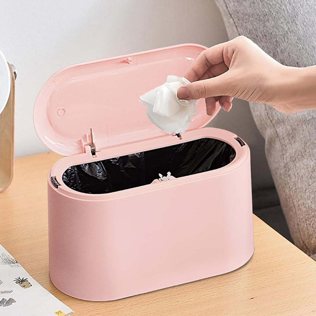 Mini Trash Can with Lid Removable Small Garbage Can, Tiny Plastic Trash Bin, Pop Up Countertop Wastebasket, Counter Garbage Lint Bin for Bathroom,Office,Kitchen,Desk,Coffee Table(Pink)