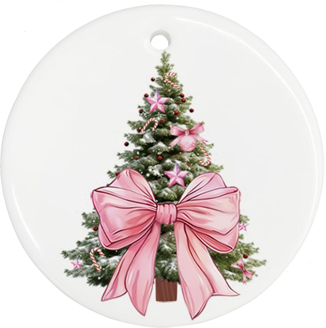 Pink Bow Christmas Tree Ceramic Ornament, Cute Holiday Decor, Feminine Christmas Ornament for Girls, Pink Themed Tree Decoration Gift
