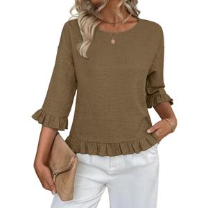 Siliteelon Womens 3/4 Sleeve Tops Summer Tshirts Ruffle Flowy Crew Neck Dressy Casual Blouses 2026 Trendy Cute Work Outfits (Small, Coffee)