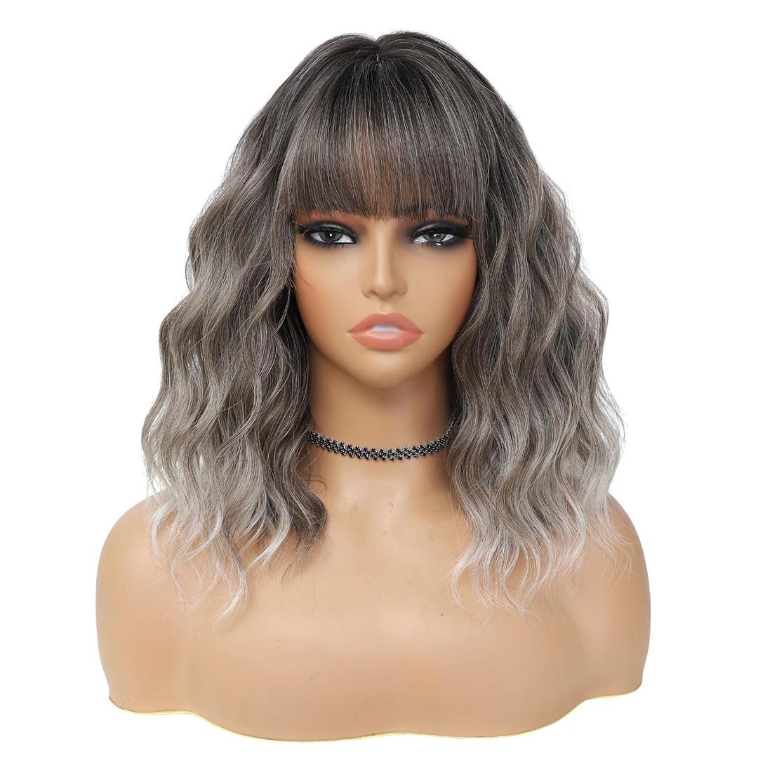 MINLEE Ombre Gray Wig with Bangs for Women 14 Inch Short Bob Wavy Curly Wig Grey Hair Wigs Heat Resistant Synthetic Wigs
