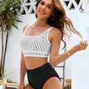 BMJL Women's High Waisted Bikini Sets Sporty Two Piece Swimsuits Color Block Cheeky High Cut Bathing Suits (M)