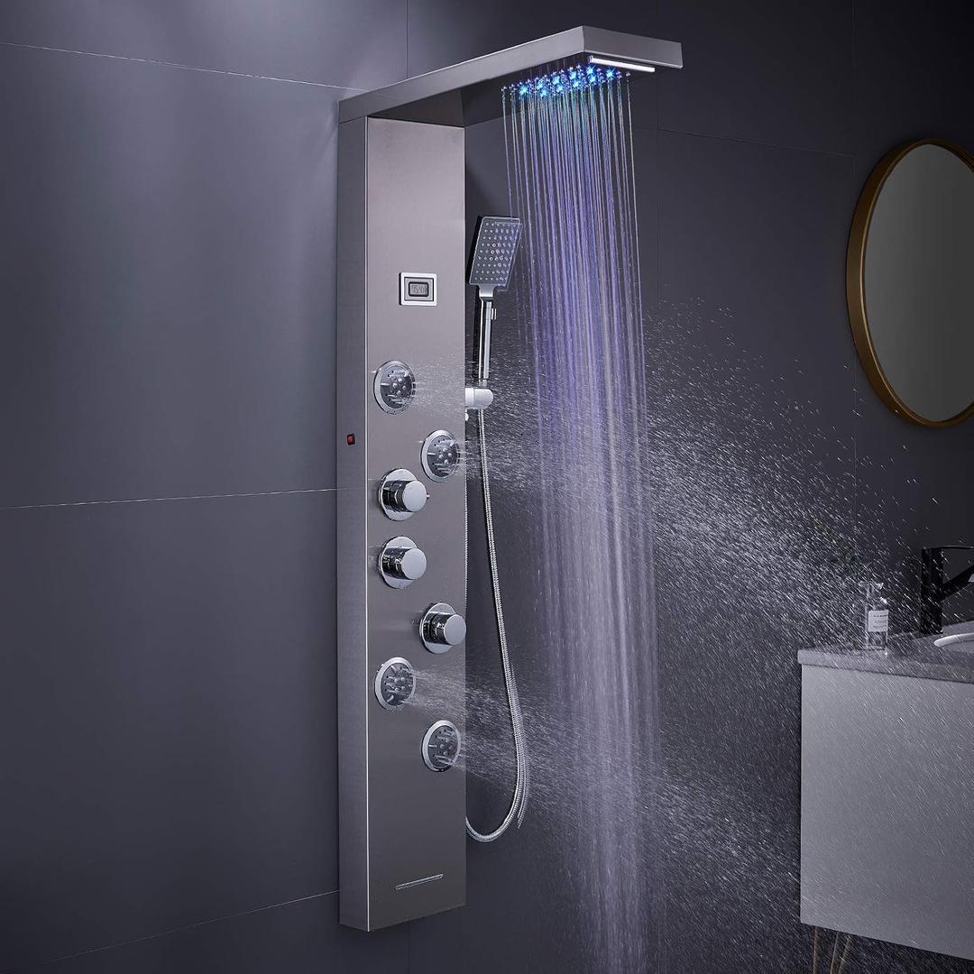 LED Shower Panel Tower System, 6 in 1 Stainless Steel LED Shower Column, Rainfall & Waterfall Head, Massage Jets, Tub Spout, Handheld Shower(Brushed)