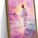 Framed Pink Jesus Wall Art Gifts for Christian, Jesus Walking On Water Canvas Prints, Savior Christian Wall Decor, Inspiring Religious Belief Artwork Decor for Prayer Room 8x10in