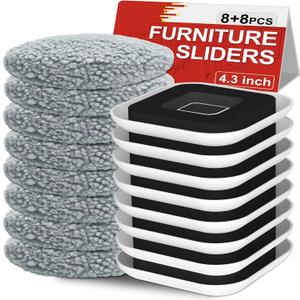 16 x Kiss Core New Upgrade Furniture Movers Sliders, 8+8 Pack 4.3" Multi-Surface Furniture Sliders with Groove Design, 8PCS Moving Pads and 8 Hardwood Socks, Protect Floor and Easily Move Furniture