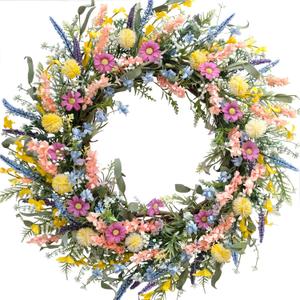 26 Inch Spring Summer Colorful Flower Wreath for Front Door, Forsythia Lavender Wild Flowers Wreath for Home Decor, Colorful Wild Flowers with Green Leaves for Everyday
