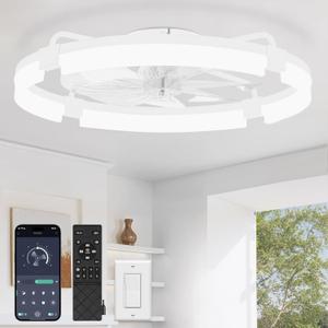 LEDIARY 24" Ceiling Fans with Lights and Remote, Modern Low Profile Ceiling Fan, 3 CCT, Stepless Dimmable, Fandelier Flush Mount Fan Light, 6 Speeds, DC Motor, App & Remote Control for Bedroom(White)