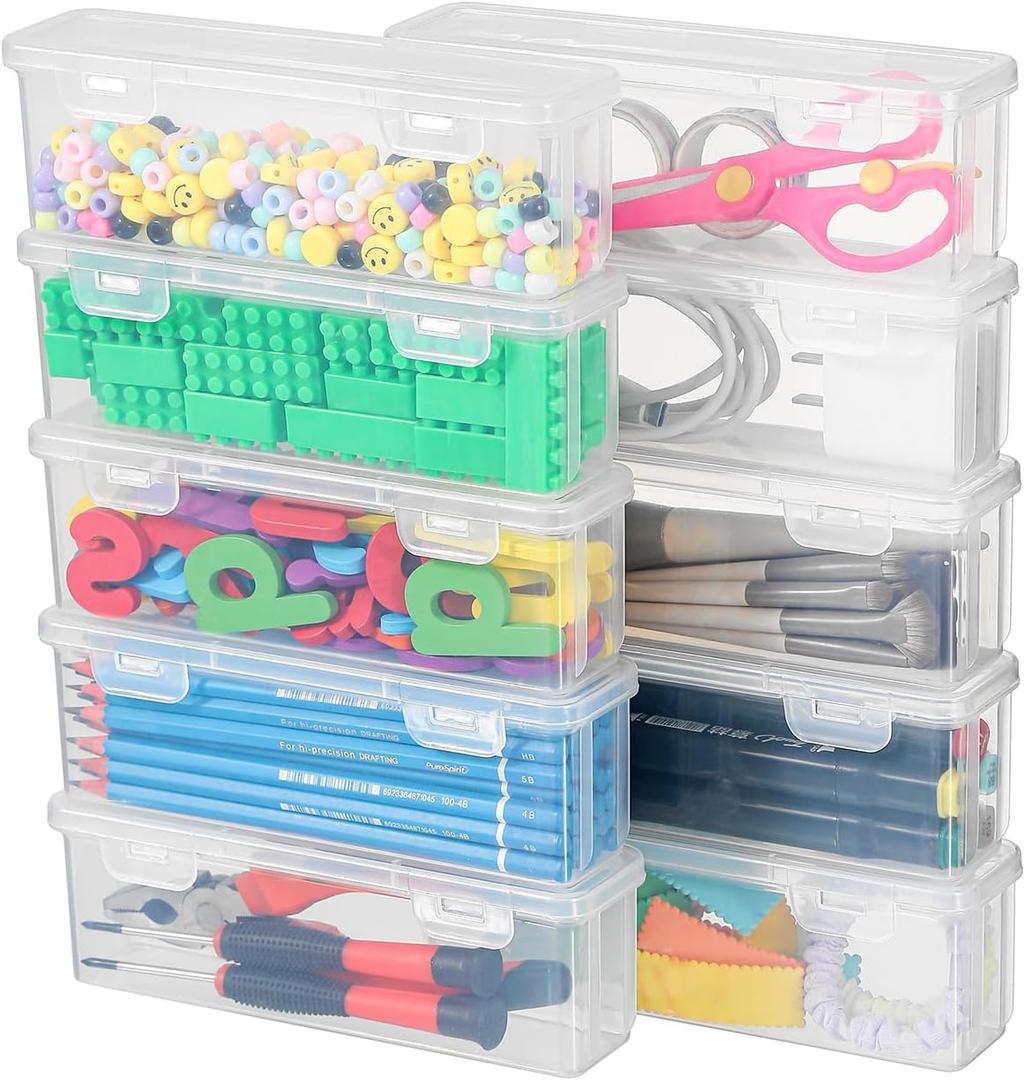 10 Pack Clear Plastic Pencil Case Boxes - Narrow Stackable Storage Organizers with Snap Lids for Pens, Markers, Makeup Brushes, Art Supplies, Beads, Jewelry, School Office Use, Rectangular Narrow