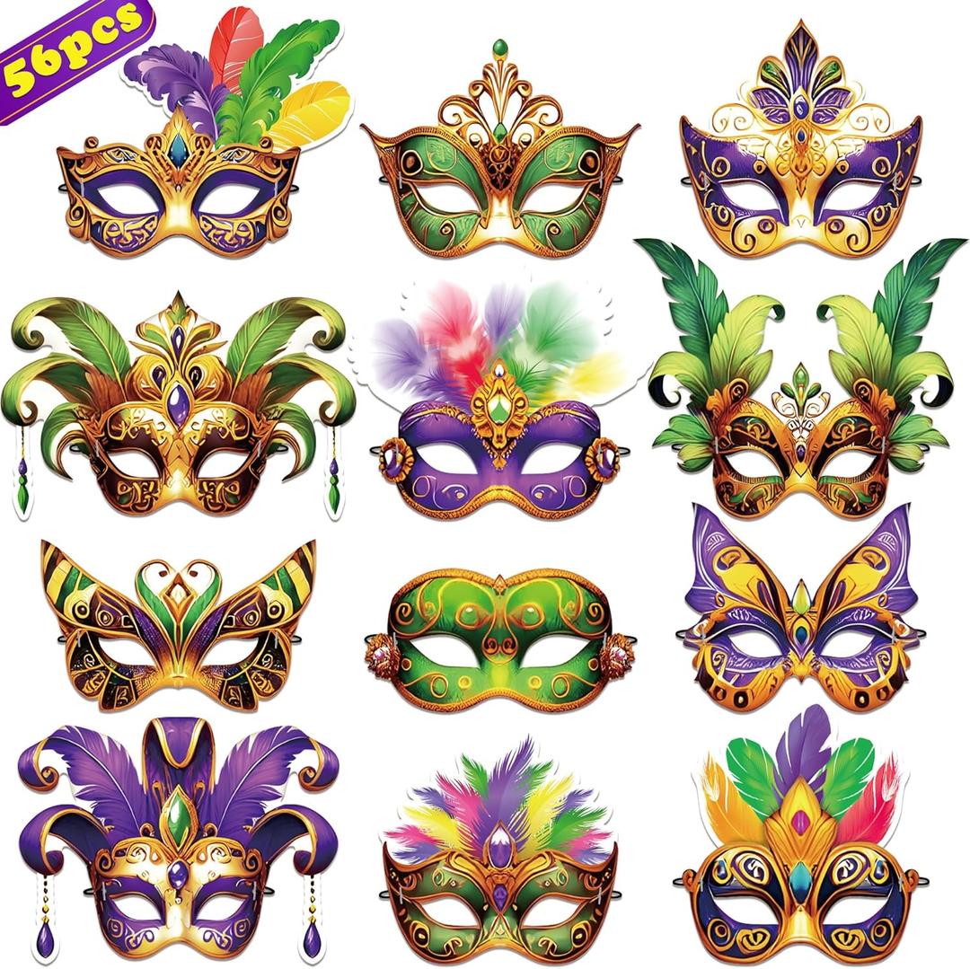 56PCS Mardi Gras Masks Bulk Set: Party Decorations Carnival Favors(Paper)