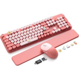 Wireless Keyboard and Mouse Combo, Typewriter Keyboard with Magnetic Wrist Rest, Full-Size Cute Round Keycaps, Sleep Mode, 2.4G Keyboards for Mac/Windows/PC, Office or Home, Trueque CK23Pro, Pink