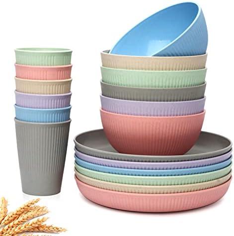 Wheat Straw Dinnerware Set, 18 Pcs Unbreakable Reusable Plates, Cups and Bowls Set for 6, Lightweight Dinner Plates and Bowls, Top-rack Dishwasher Safe