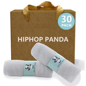 HIPHOP PANDA Baby Washcloths, Rayon Made from Bamboo - 2 Layer Ultra Soft Absorbent Newborn Bath Face Towel - Reusable Baby Wipes for Delicate Skin - Grey (10x10 Inch - 30 Pack Gift Box Set)