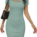 VICHYIE Womens Summer Dresses Cutout One Piece Ribbed Bodycon Mini Short Sleeve Casual Slim Fitted Pencil Dresses (Green, XL)
