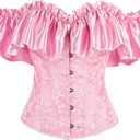 Dreay Womens Vintage Off Shoulder Corset Bustier Lace Up Boned Overbust Corset Renaissance Corset Tops for Women (Medium, Pink)