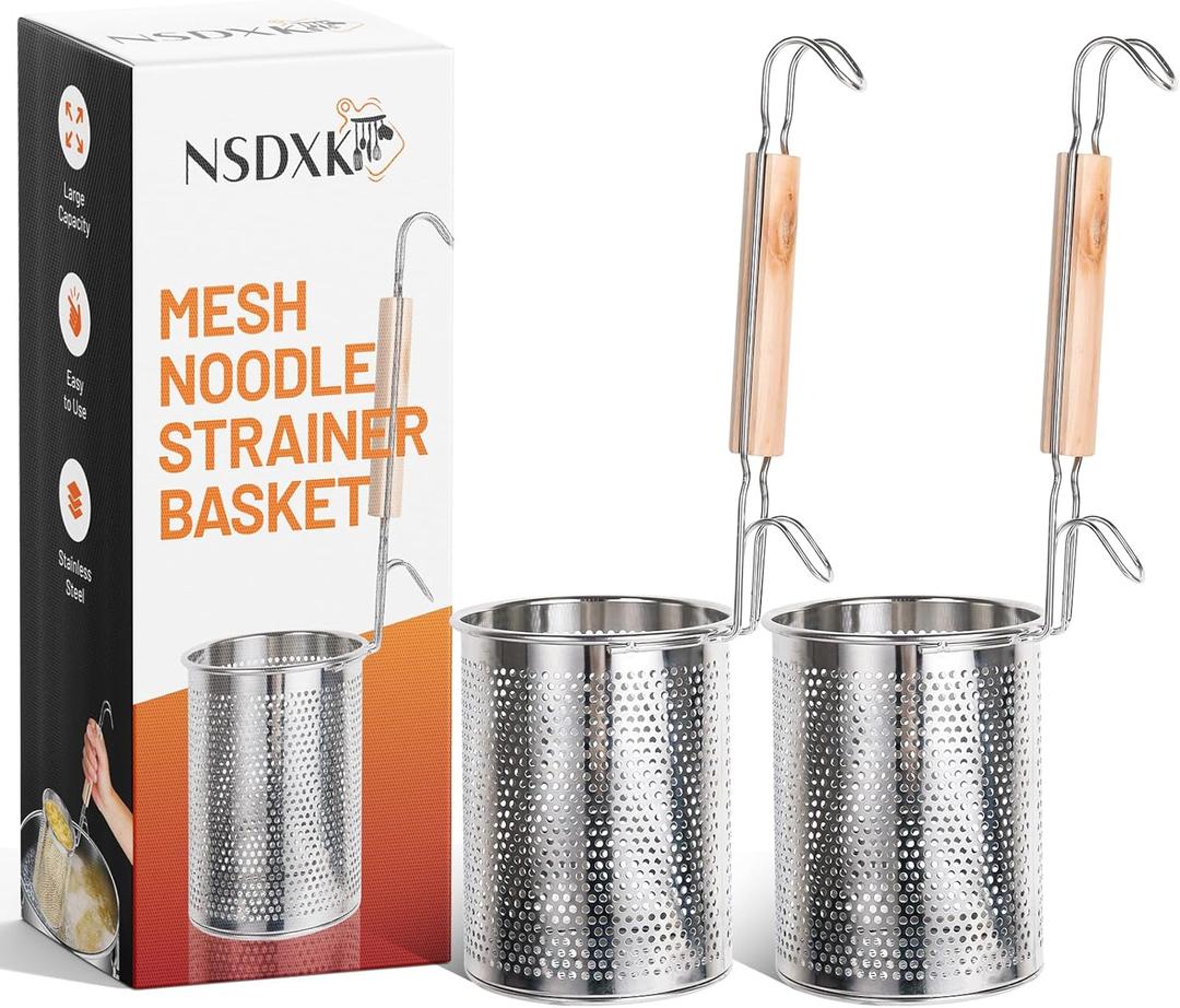2 Pack Pasta Basket, Stainless Steel Mesh Noodle Strainer Basket with Wooden Handle, for Boiling Food, Pasta, Noodles, Dumpling, Ramen, 4.3''D x 5.7''H
