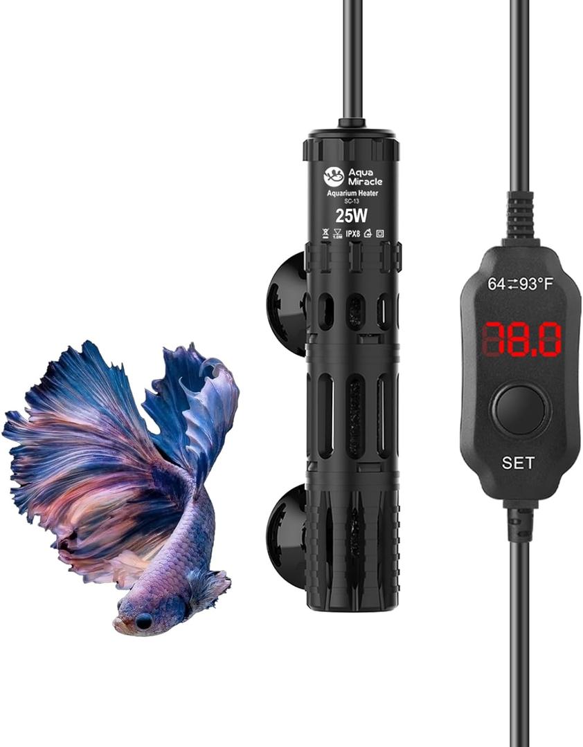 AquaMiracle Submersible Aquarium Heater, 25W Fish Tank Heaters with LED Digital Temp Display, Dry-Run Auto Power-Off & Overheat Protection, for Freshwater and Saltwater Tanks (3-5 Gal)