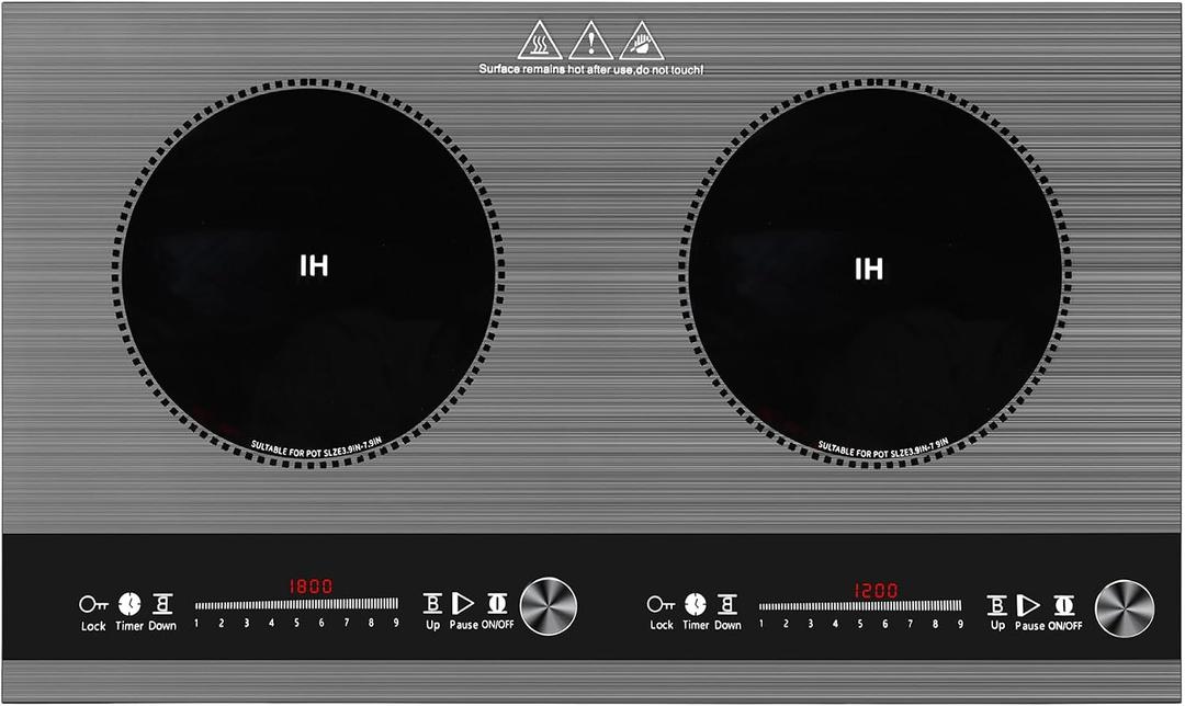 2 burner induction cooktop,110V 3000W 2 burner induction plate with Brushed Panel LED Knob Control, induction stove top with 9 Power Levels, Kids Lock & Timer,24 Inch double induction cooktop
