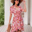 Womens Wrap V Neck Short Sleeve Dress 2025 Summer Floral Boho Dress Ruffle A Line Flowy High Low Midi Dresses (XL)