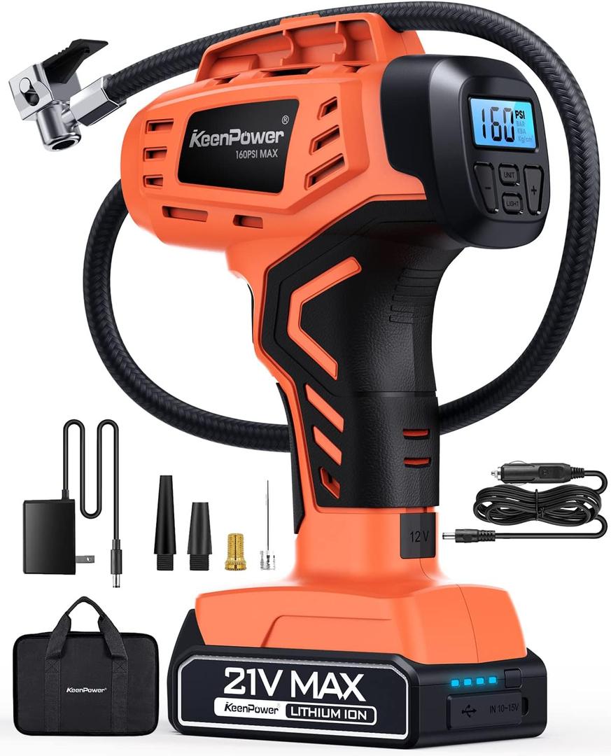Tire Inflator Air Compressor, 21V Cordless Car Tire Pump with Rechargeable Li-ion Battery, 12V Car Power Adapter, Digital Pressure Gauge, Suitable for Cars E-bikes Balls Motorcycles (Red)