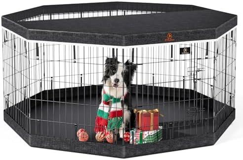 PJYuCien Dog Playpen, 8 Panels 30’’H Dog Pens Indoor with Bottom Pad and Top Cover, Metal Foldable Pet Puppy Exercise Fence Crate Kennel, Better for Small Animals,Black