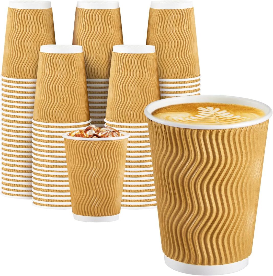 SIUQ Coffee Cups 12 oz 150 Pack, Insulated Ripple Wall Paper Coffee Cups 12 oz, Disposable Coffee Cups, Hot Beverage/Cold Drinking Cups for Office,Home,Party,Cafe,Picnic,Travel (Champagne)