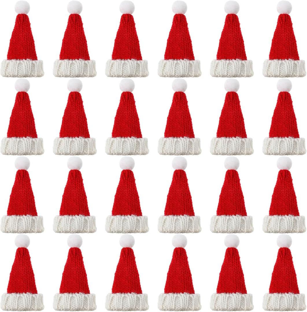 Bencailor 24 Pcs Mini Santa Hats for Crafts Small Christmas Knit Hat Tiny Snowman Wine Bottle Cover Holder Doll Cap for Table Cover (Classic)