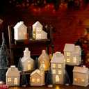 Leitee 22 Pcs Ceramic Christmas Village Set with Light Include 9 Lighted Village Houses 13 Christmas Trees for Xmas Scene Decor Winter Holiday Party Figurine Tabletop Decoration(White Roof)