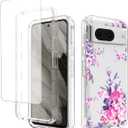 Case for Pixel 8 Case, Google 8 GKWS6 G9BQD with Tempered Glass Screen Protector, Floral Design Shockproof Bumper Full Body Protective Cell Phone Cover for Google Pixel 8 Rose