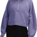 Women's Sweatshirts Half Zipper Crop Pullover Funnel Neck Fleece Lined Zip Up Long Sleeve Tops Thumb Hole Purple