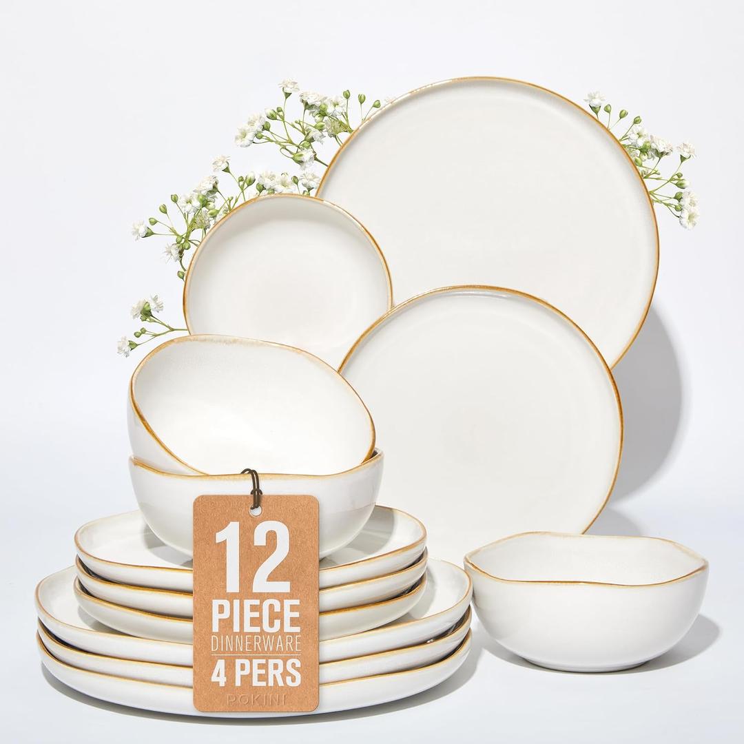 Stoneware Dinnerware Sets for 4, 12Pcs Ceramic Plates and Bowls Sets