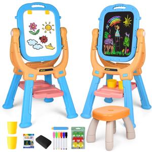 Toddler & Kids Art Easel with Stool & Supplies - Double-Sided Rotating Drawing Board for Ages 3-5, Foldable Anti-Tip Design - Space-Saving Home/Classroom Easel for Kids (Orange/Blue)