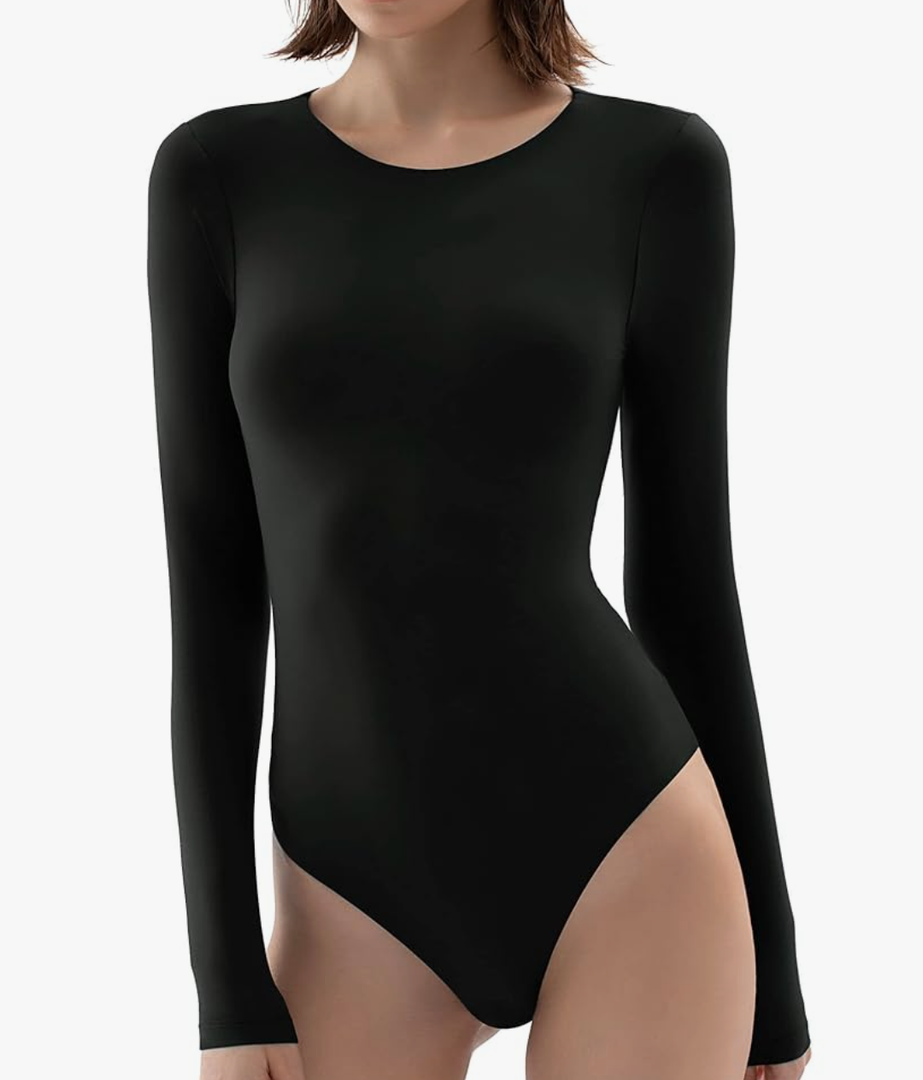 PUMIEY Women's Crew Neck Long Sleeve Bodysuit Second-skin Feel Tops Smoke Cloud Collection, Size XL