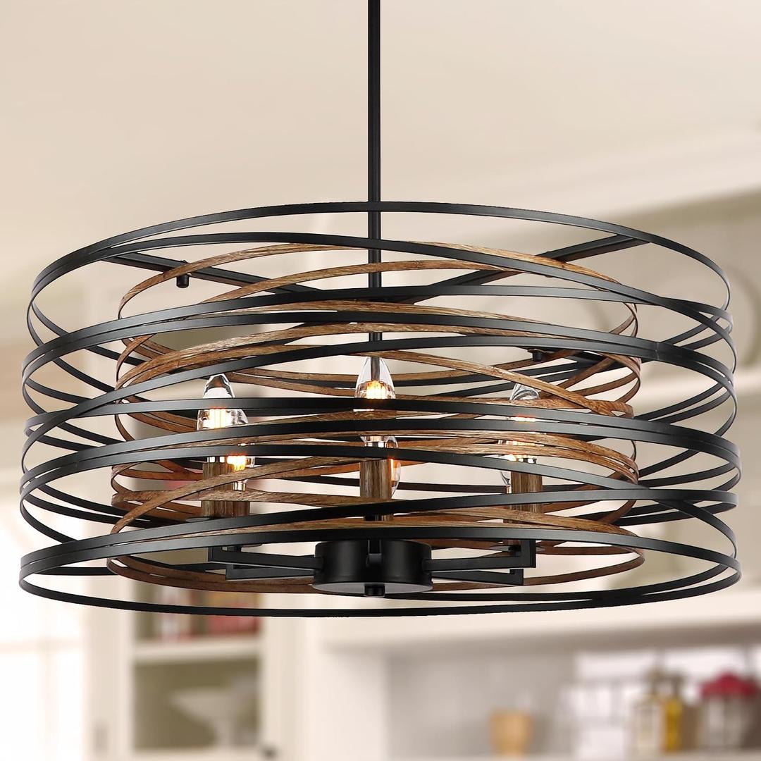 Sigaitwei 6-Light Dining Room Chandeliers Farmhouse，23.6" Large Black Farmhouse Chandelier，Wood Grain and Vintage Black Dining Room Light Fixture for Kitchen Entryway Living Room