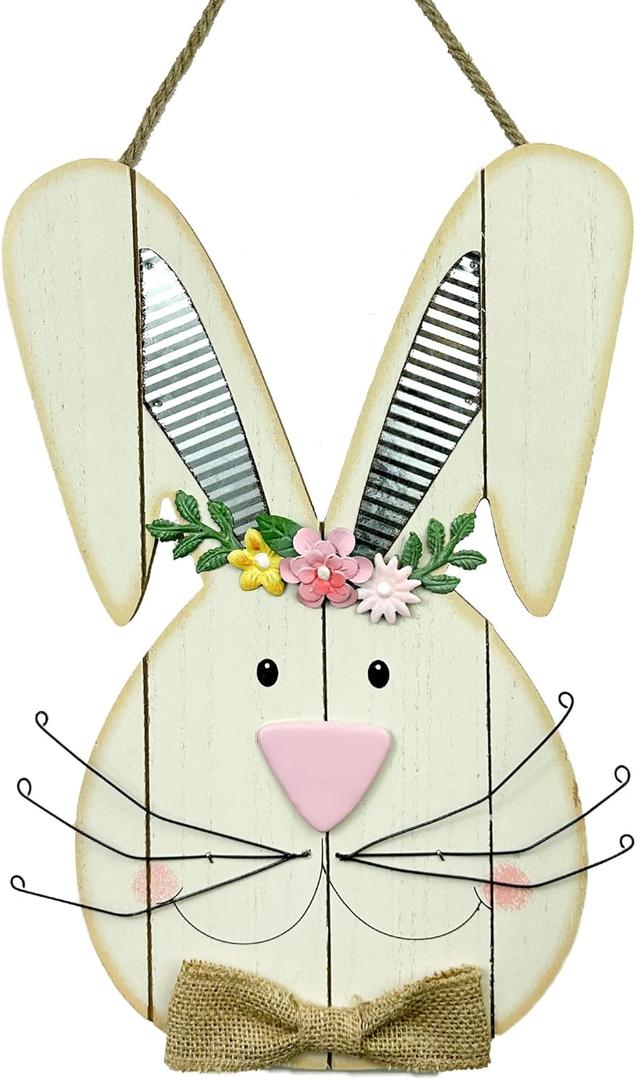 Easter Bunny Decorations for Front Door Decor, Cute Wooden Rabbit Sign Easter Wall Hanging Plaque Art, Hanger for Home Outdoor Porch Spring Indoor Garden