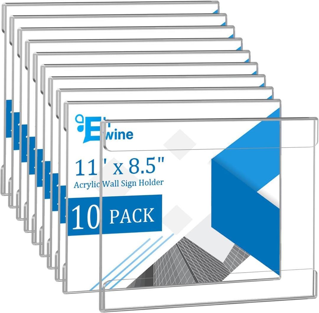 EHWINE 10 Pack 8.5 x 11 Wall Mount Acrylic Sign Holder, Horizontal Wall Signs Photo Menu Flyer Display Holders, Plastic Clear Acrylic Frames for Office Home Hotel Business Store (with Adhesive Tape)