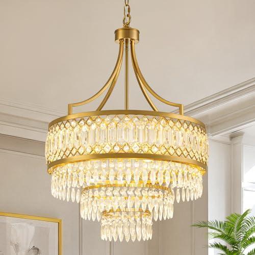 AMZERA 20'' Modern Gold Crystal Chandeliers Kitchen Island Light Fixture Crystal Glass Pendant Light for Dining Room Foyer Entryway Bedroom Hallway Kitchen Bar