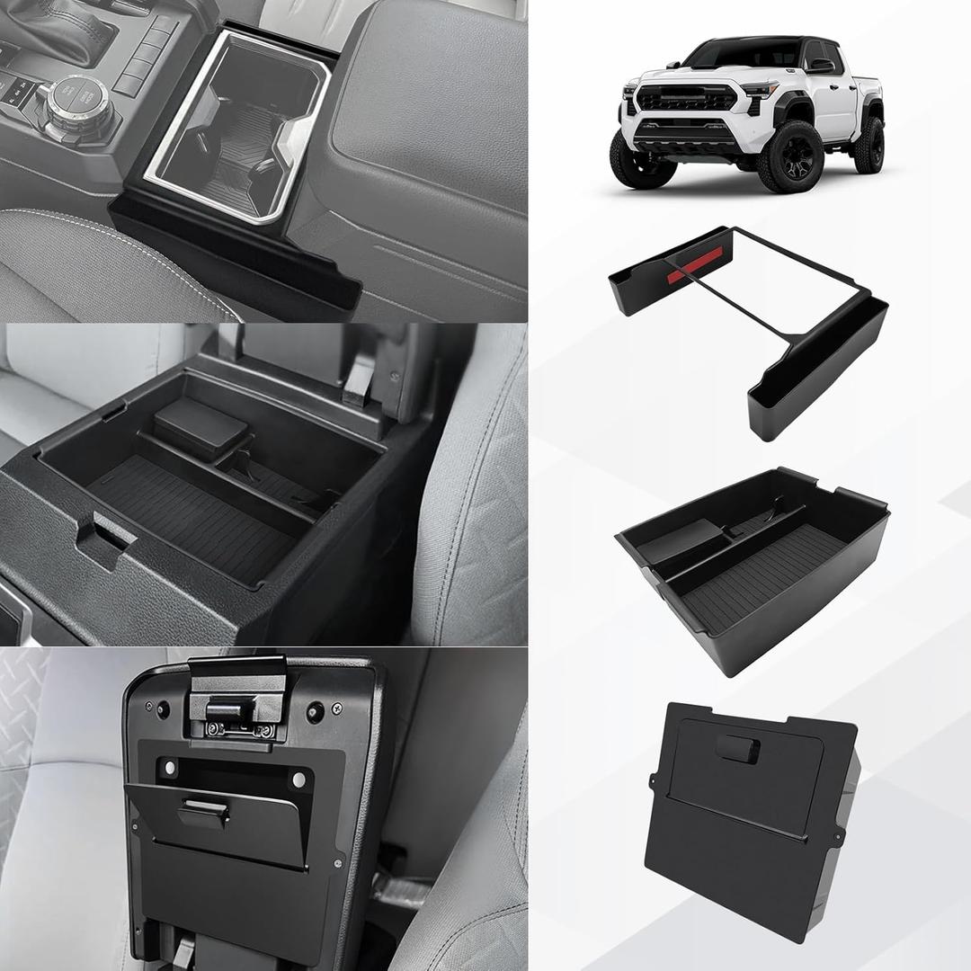 Muslogy Center Console Organizer Compatible with 2024 2025 2026 Toyota Tacoma 4th Gen Accessories Interior Storage Box Insert Tray Phone Pocket(Console Organizer+Hanging Storage +Hidden Box)