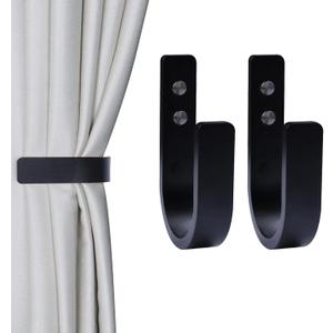 OCIOLI 2 Pack Curtain Tiebacks Wood Curtain Holdbacks U Shaped Curtain Hooks Curtain Tie Backs Wall Mount Curtain Holder Curtain Pull Backs Tie Backs for Curtains (Black, 2)