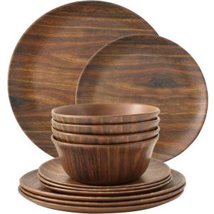 TP 12-Piece Melamine Dinnerware Sets, Plates and Bowls Dishes Set for 4, Break-Resistant & Non-Microwavable, Lightweight Dinner Plates, Wood Grain