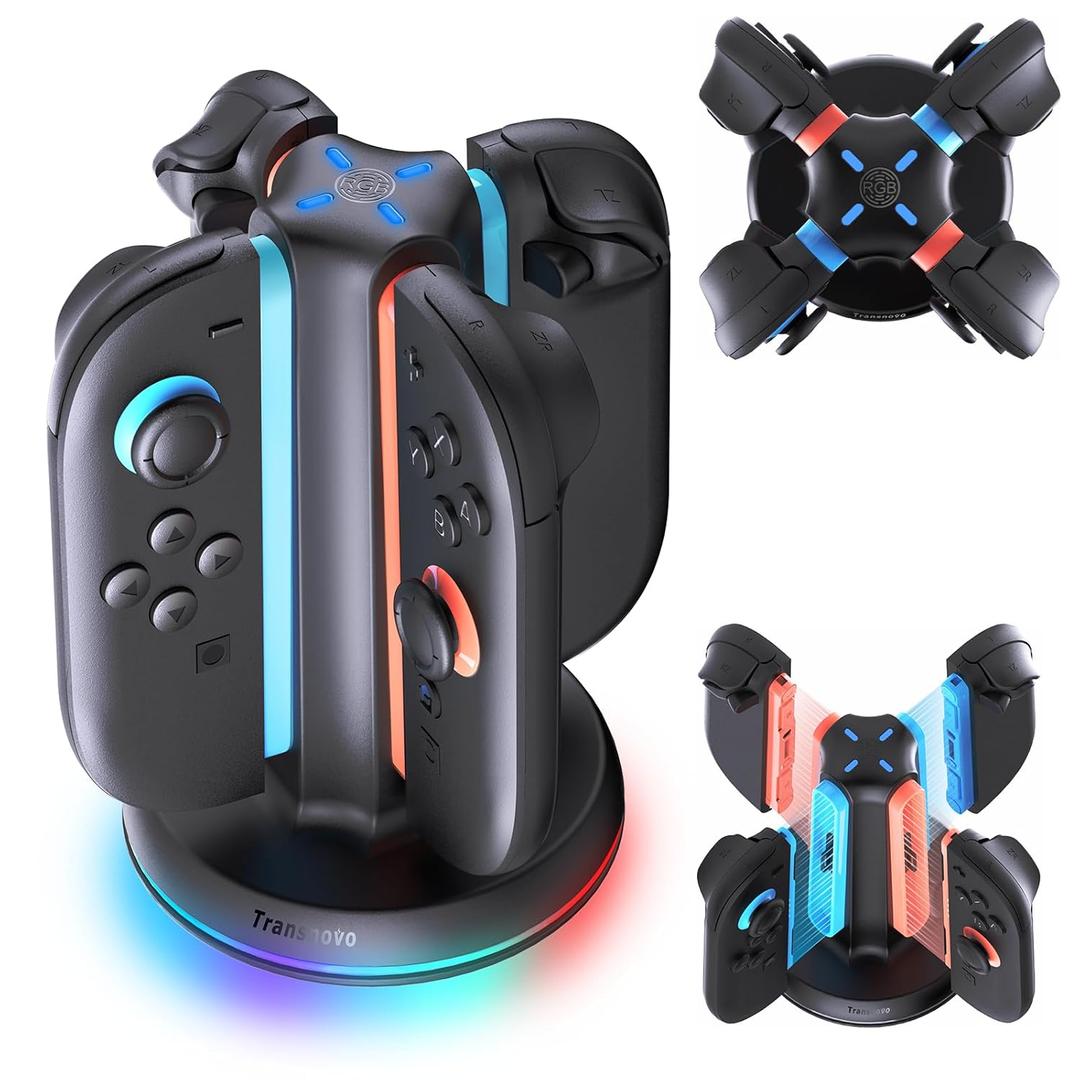 TRANSNOVO Charging Dock for Nintendo Switch 2 Joycons, 4 in 1 Dual-Side Magnetic Fast Controller Charger Station with 9 RGB Modes & Circuit Protection, Switch 2 Accessories for Joy Cons, Black (Round)