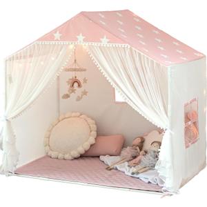 Kids Play Tent with Mat, Playhouse Tent Indoor Toddler Girl Tent with Pompoms Door Curtains, Princess Tents Children Play House Birthday Toy House Gift, Play Cottage (Pink)
