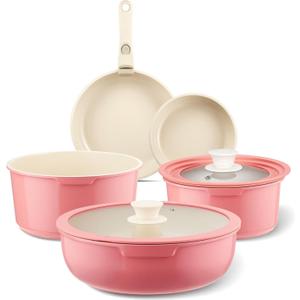 IKTU Ceramic Pots and Pans Set Non Stick Pink, 8 Pcs Nonstick Cookware Set with Detachable Handle RV Camping Induction Kitchen Cookware Set Non Stick, PFAS PFOA & PTFE Free